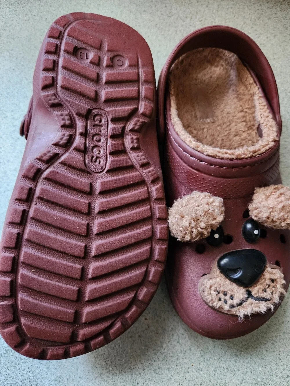 Cozy Brown Dog Croc Shoes with Fuzzy Lining Kids Size13C